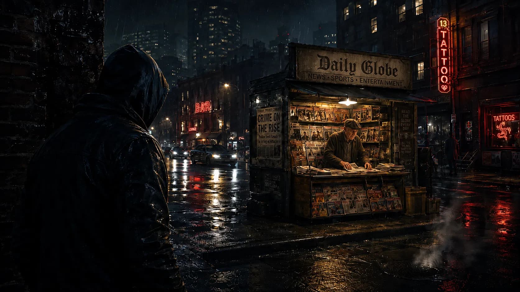 A hooded figure watching a rain-soaked newsstand whose front page reads Crime On The Rise